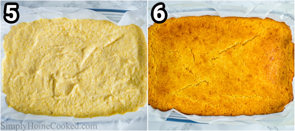 Steps to make Buttermilk Cornbread: bake the cornbread batter in a baking pan until browned.