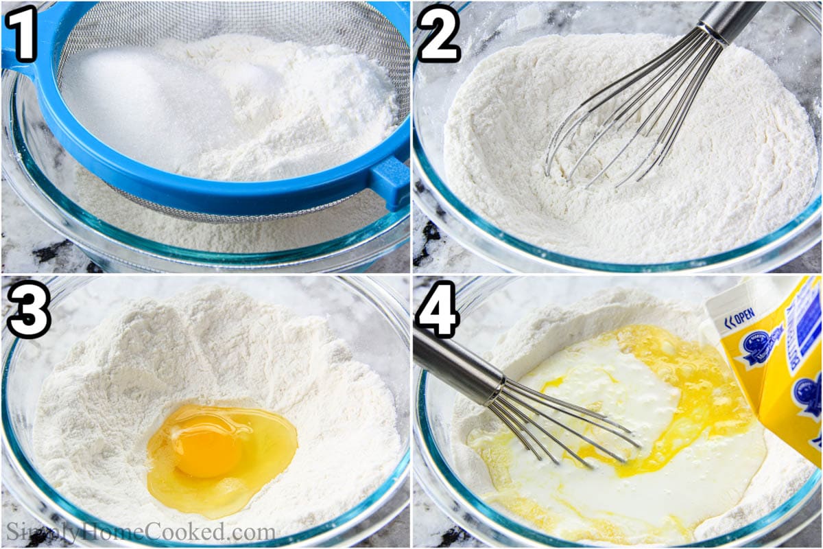 Steps to make Buttermilk Pancakes: sift the dry ingredients, whisk in the egg and buttermilk.