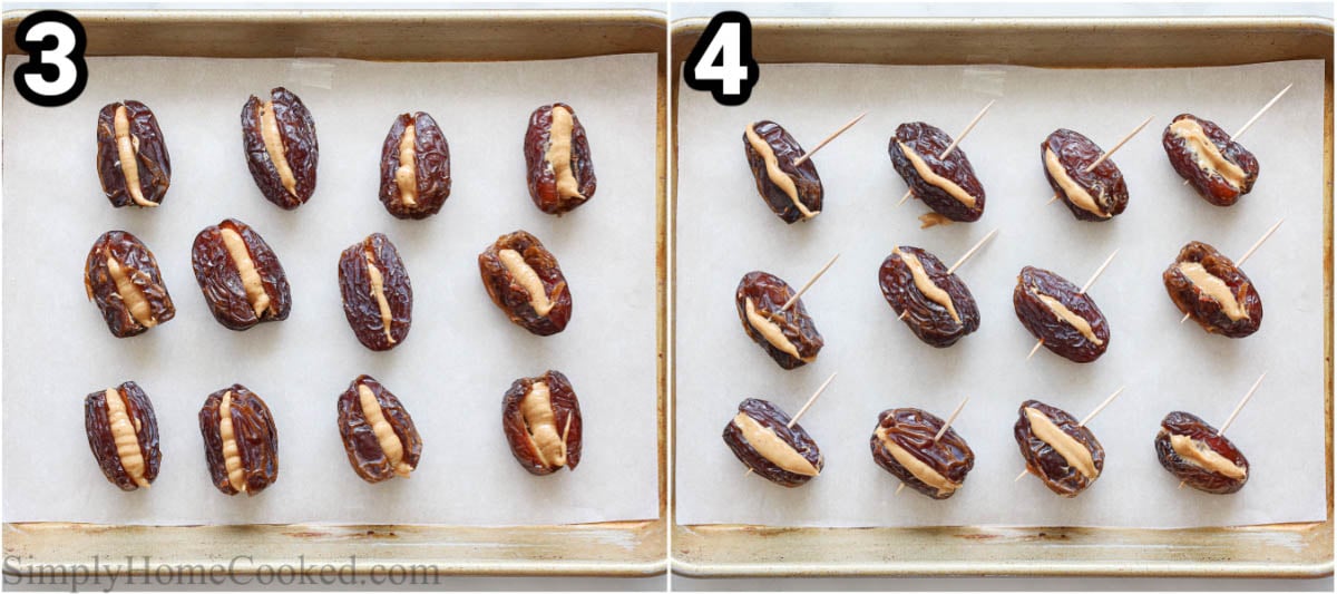 Steps to make Chocolate Covered Dates: fill the dates with peanut butter and close with a toothpick.