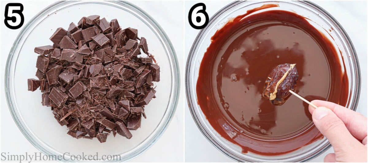 Steps to make Chocolate Covered Dates: melt the chocolate and dip the dates in it.
