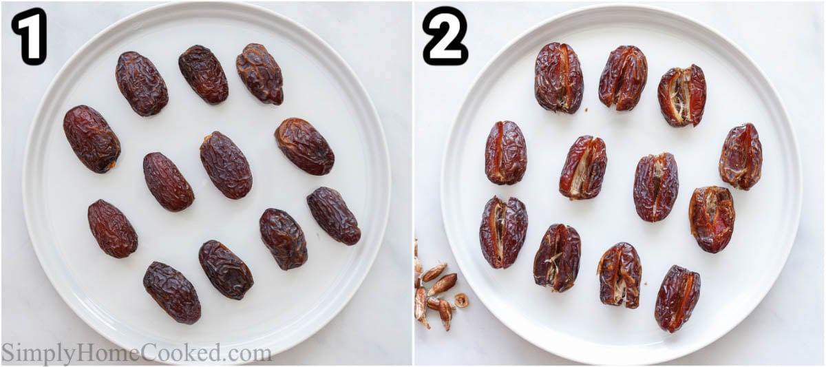 Steps to make Chocolate Covered Dates: split the dates and remove the pits.