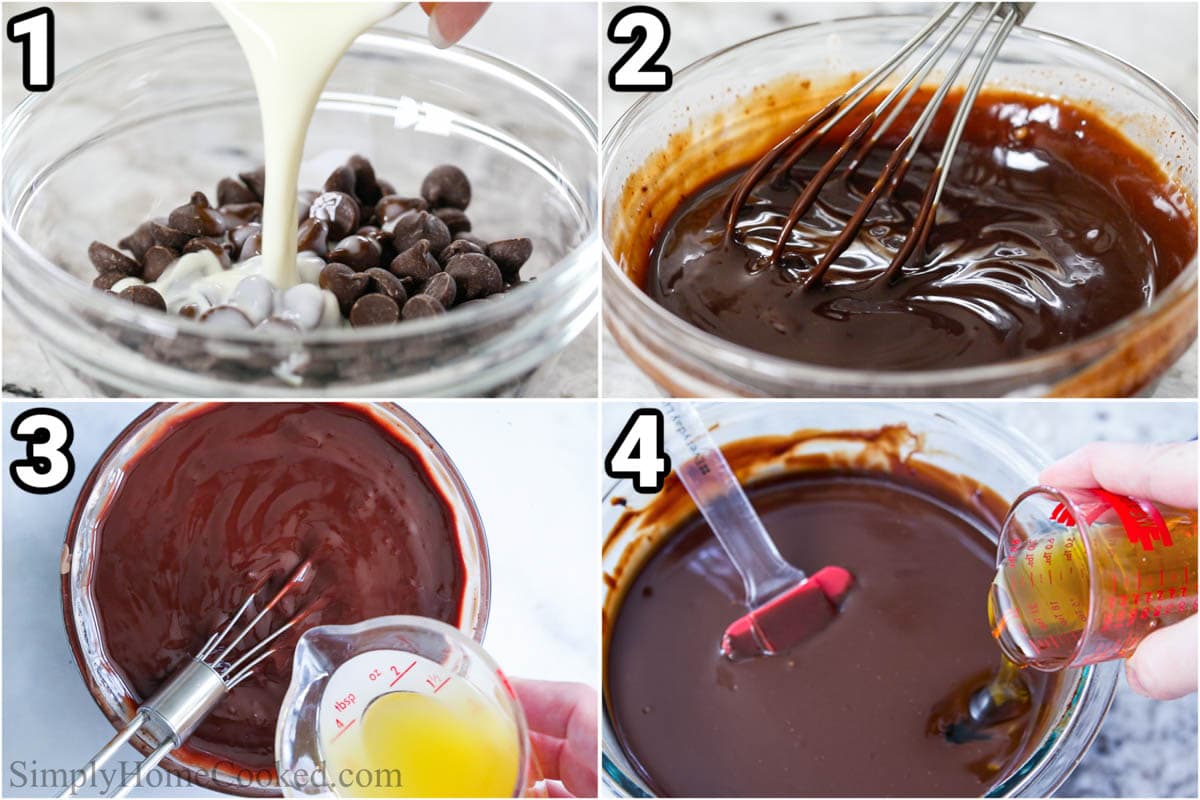 Steps to make Chocolate Ganache: melt the chocolate chips in a bowl with hot heavy cream, whisk, then add melted butter and honey.