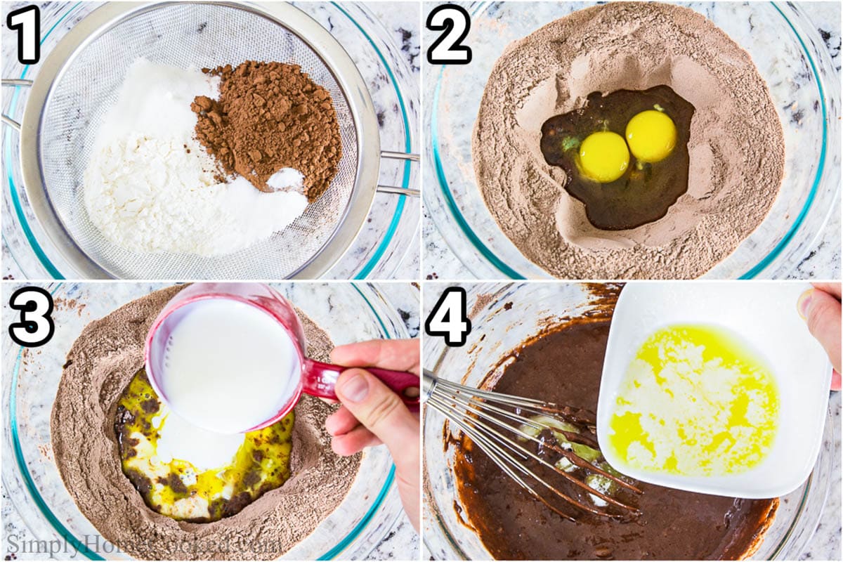 Steps to make Chocolate Mousse Cake: combining the wet and dry ingredients to make a cake batter.