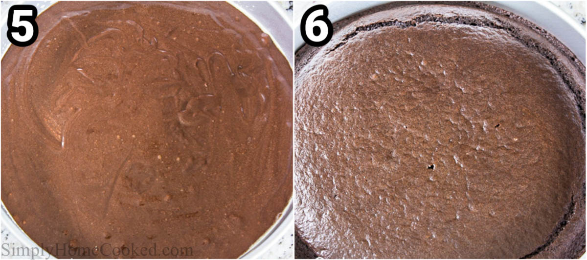 Steps to make Chocolate Mousse Cake: pouring the cake batter into a pan and baking it.