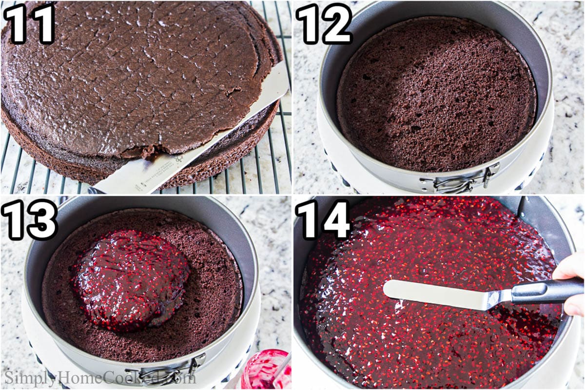 Steps to make Chocolate Mousse Cake: slicing off the dome of the cake, putting it in a springform pan, and spreading raspberry jam on top.
