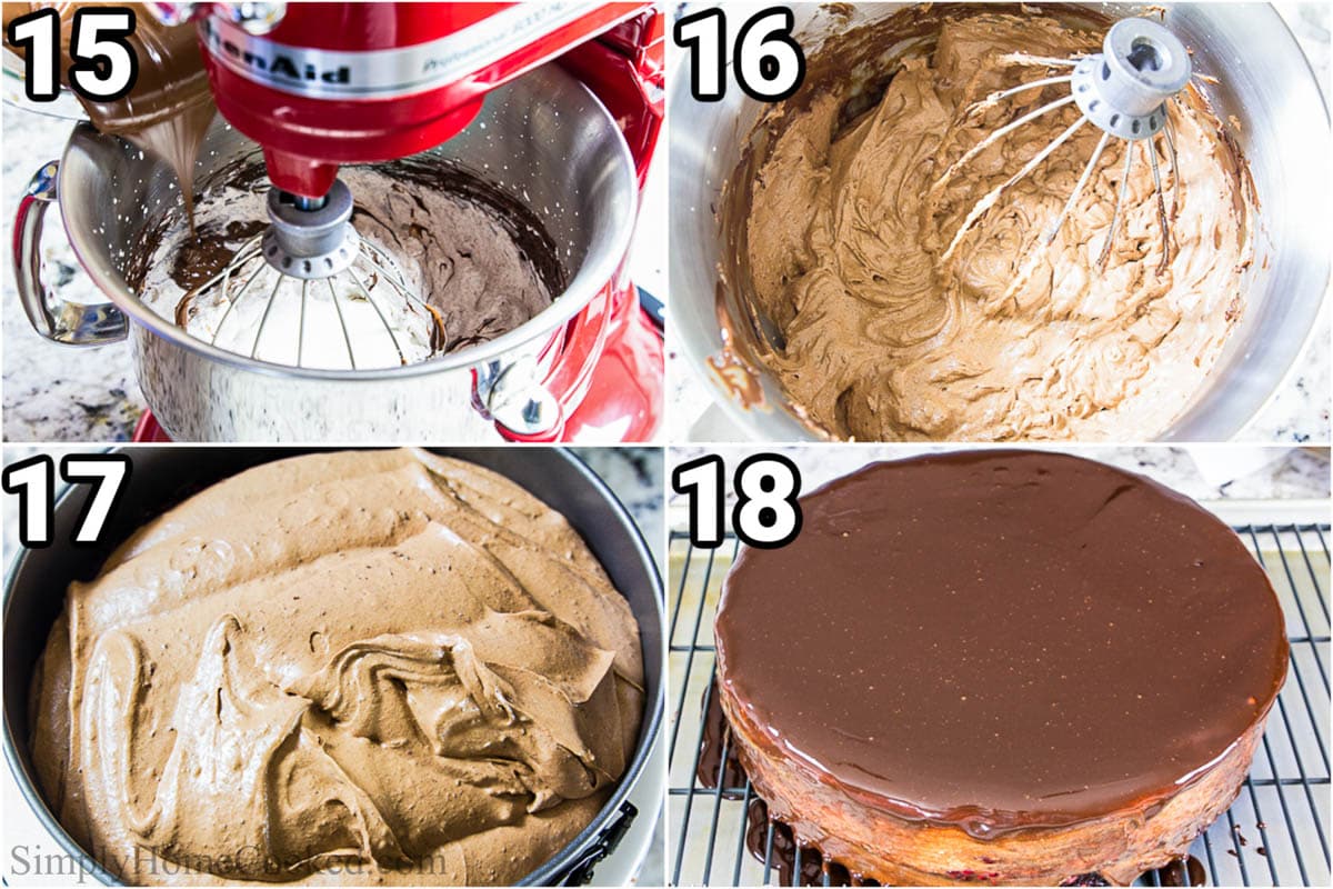 Steps to make Chocolate Mousse Cake: making the chocolate mousse in a stand mixer, then adding it on top of the cake layer, and topping it all with chocolate ganache.