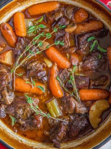 Overhead view of a pot of Beef Stew.