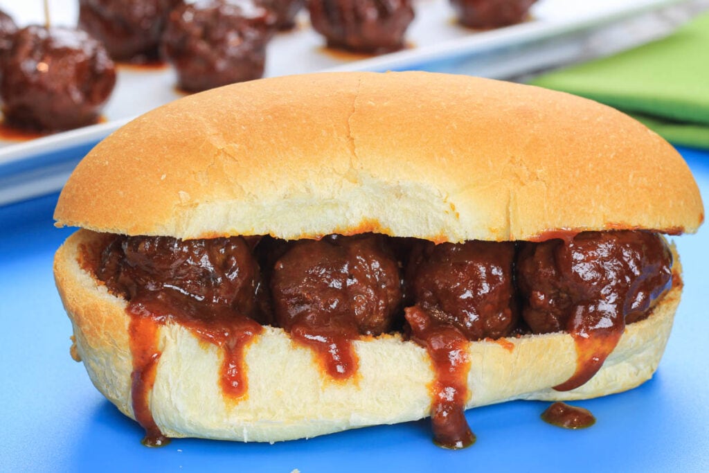 Grilled BBQ Meatballs on a hoagie roll