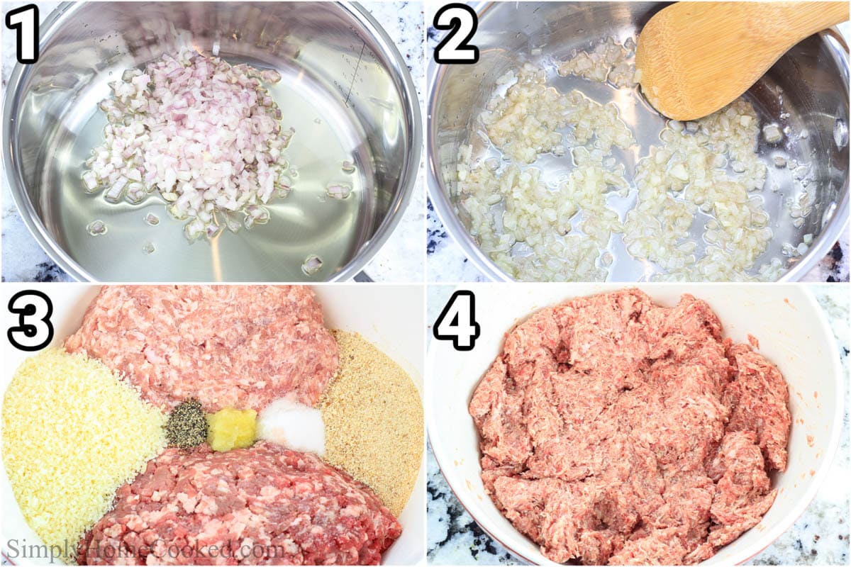 Steps to make Grilled BBQ Meatballs: saute the shallots, and add the rest of the meatball ingredients, mixing the meat with your hands.