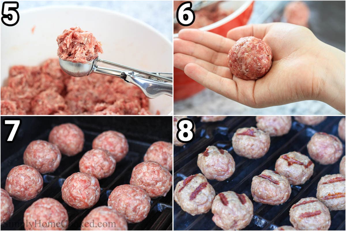 Steps to make Grilled BBQ Meatballs: scoop the meat into a ball shape and grill the meatballs.