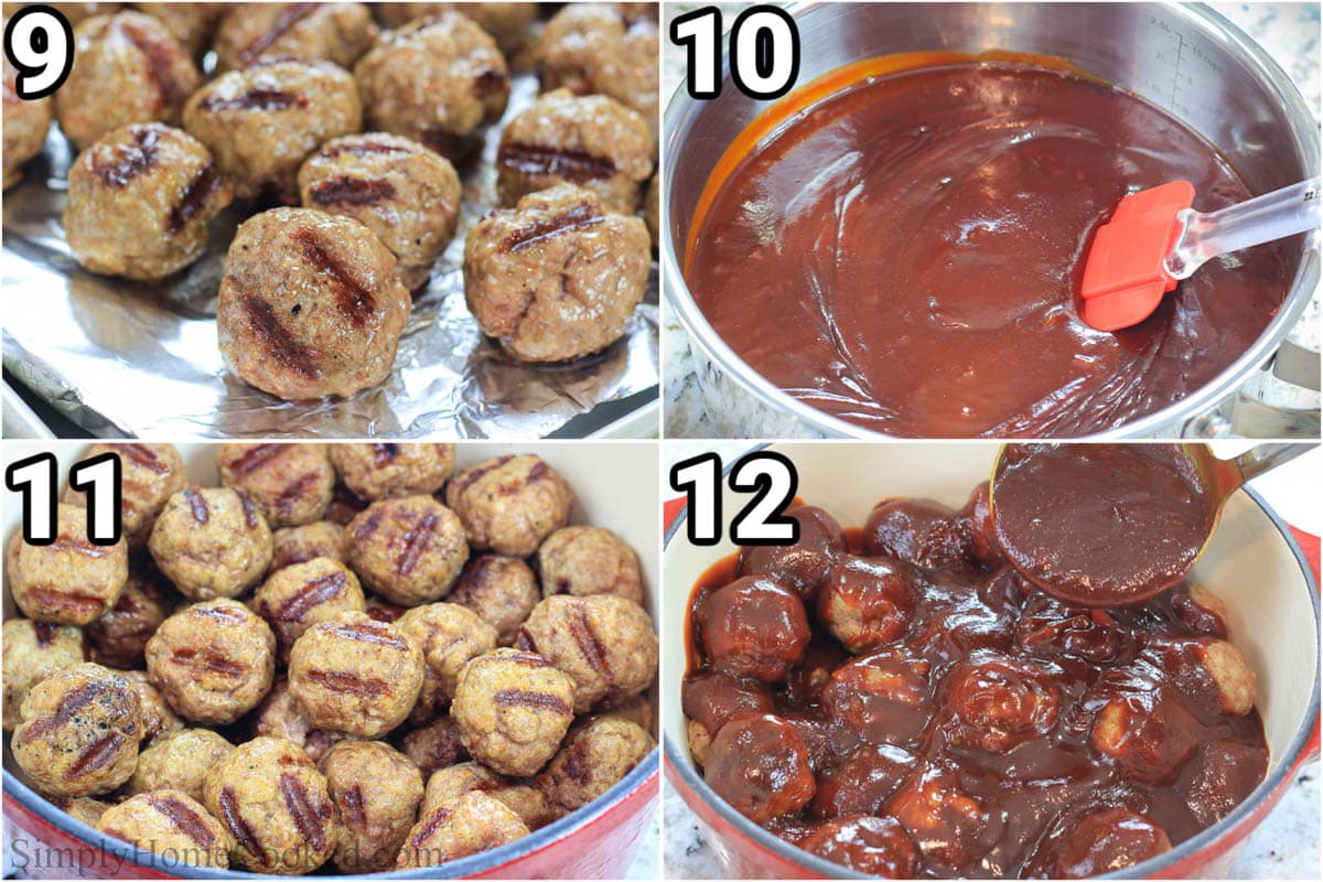 Steps to make Grilled BBQ Meatballs: simmer the meatballs in bbq sauce in a pot.