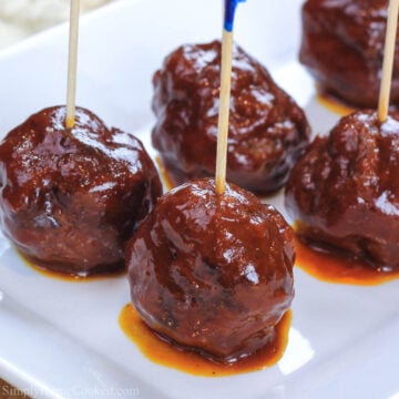 grilled bbq meatballs on a toothpick