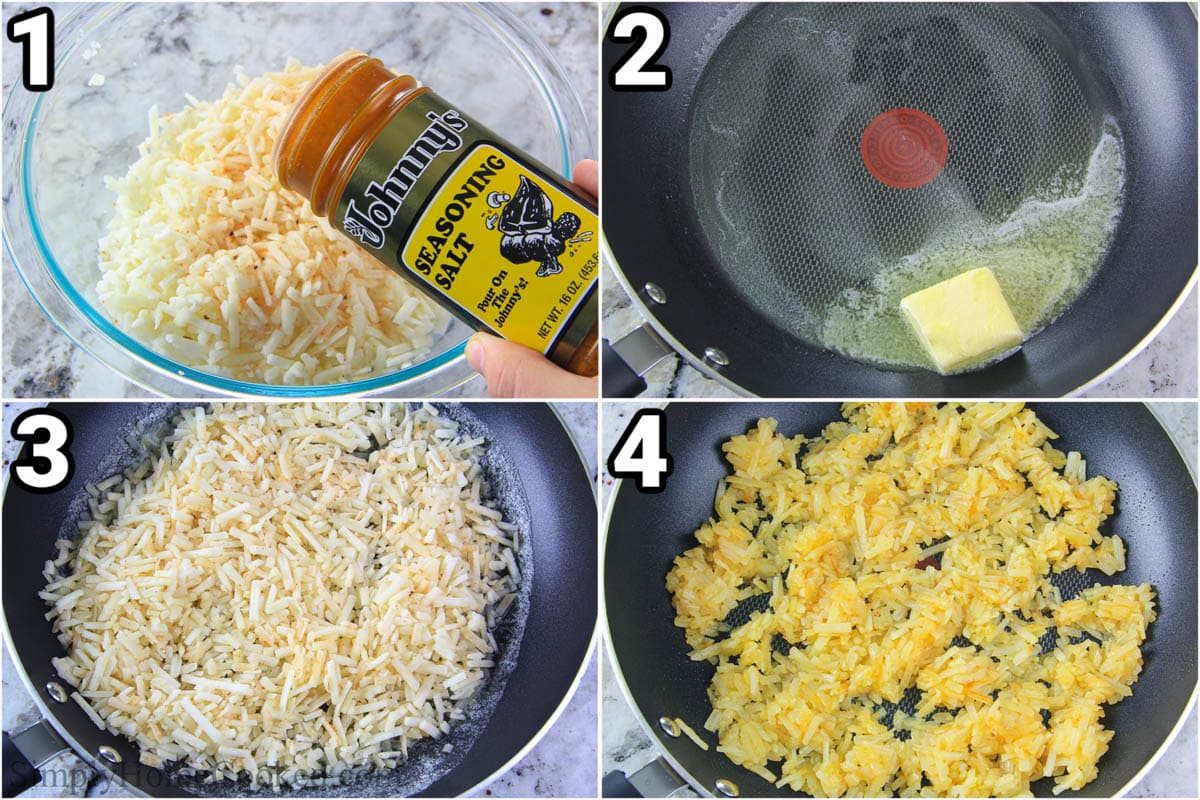 Steps to make Hash Brown Quiche: seasoning the hash browns then sauteing it in a skillet with butter.