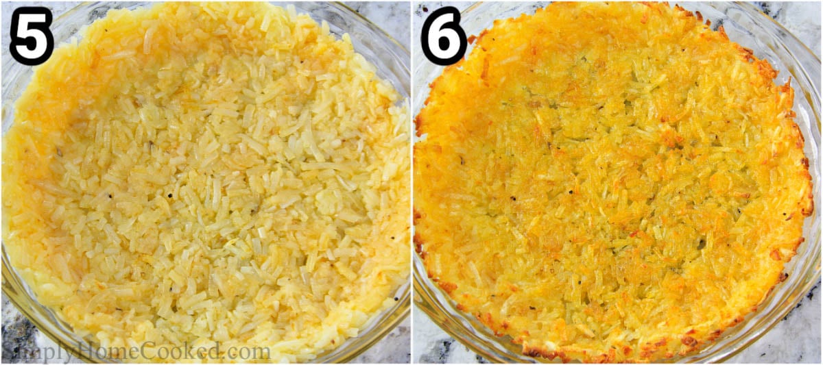 Steps to make Hash Brown Quiche: molding the hash browns to the pan and baking it.