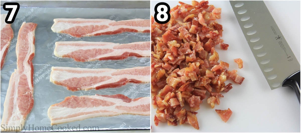 Steps to make Hash Brown Quiche: baking the bacon on a sheet pan and then chopping it with a knife.