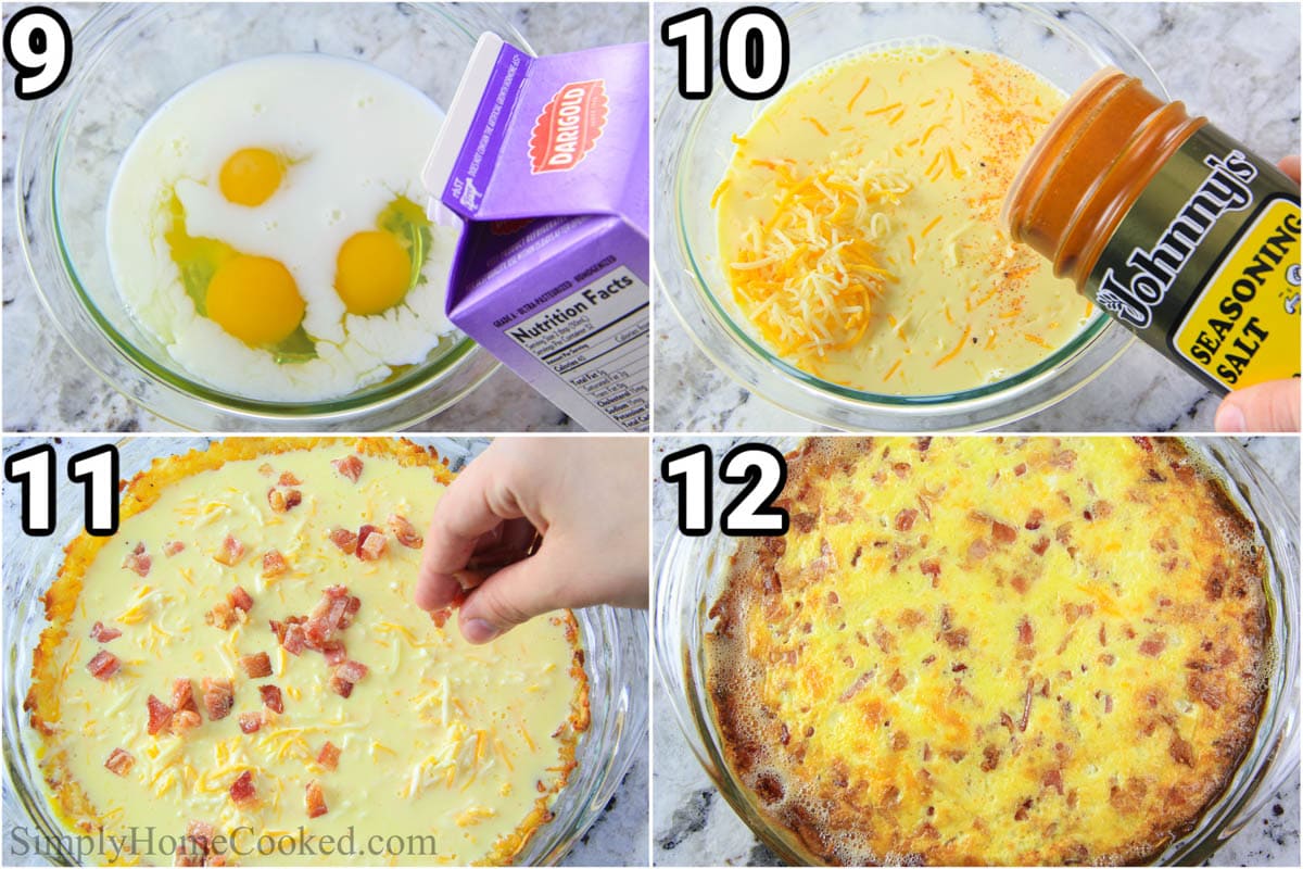 Steps to make Hash Brown Quiche: mixing the egg filling ingredients and seasonings in a bowl, then adding the bacon and cheese and baking.