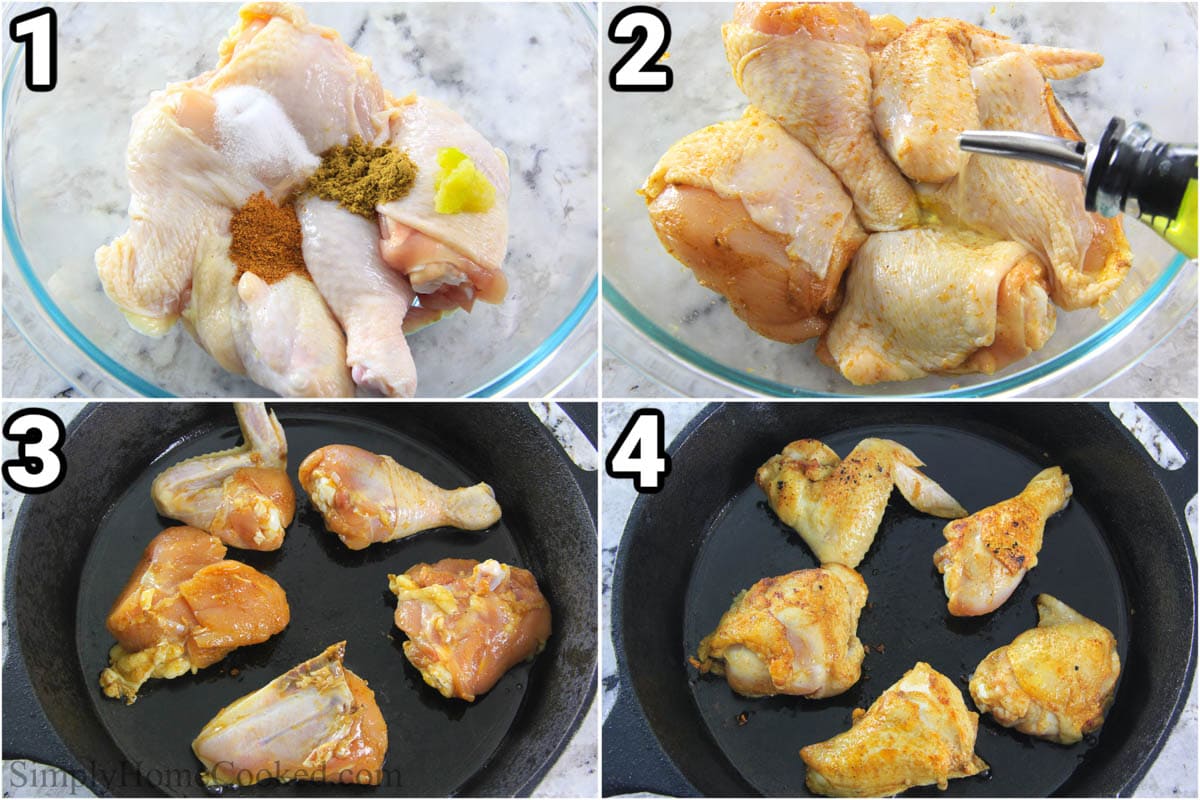 خطوات تحضير قطعة دجاج وبطاطس: يُمزج الدجاج بالزيت والثوم والتوابل ، ثم يُحمّر في مقلاة من الحديد الزهر.