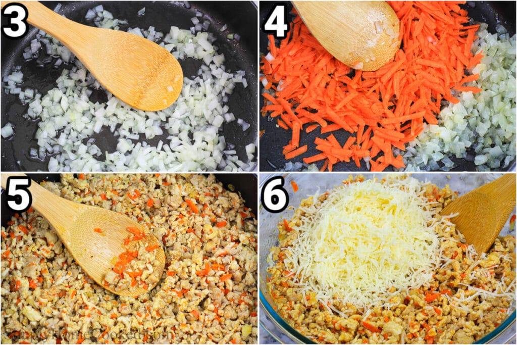 Steps to make Piroshki: saute the onion and carrot and then add the meat and cheese, mixing with a wooden spoon.
