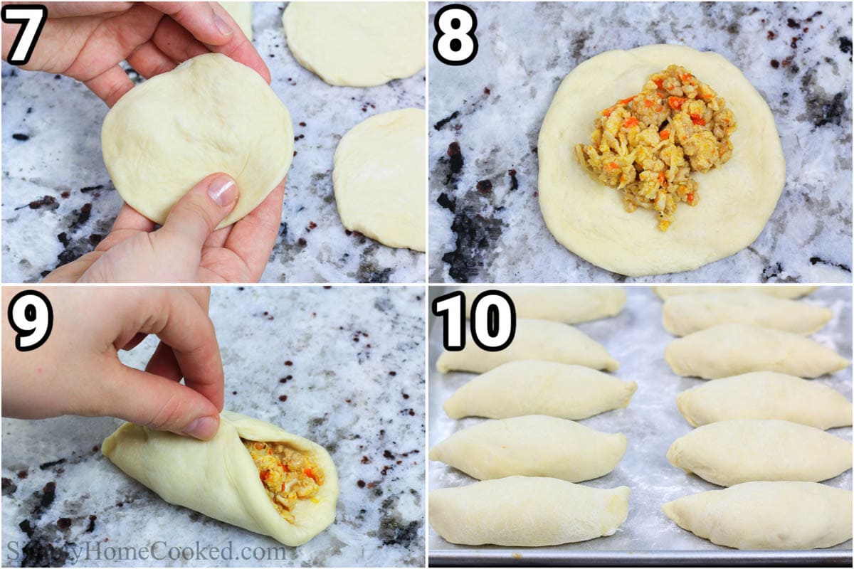 Steps to make Piroshki: flatten the dough into disks and then add the filling and pinch them into half moons.