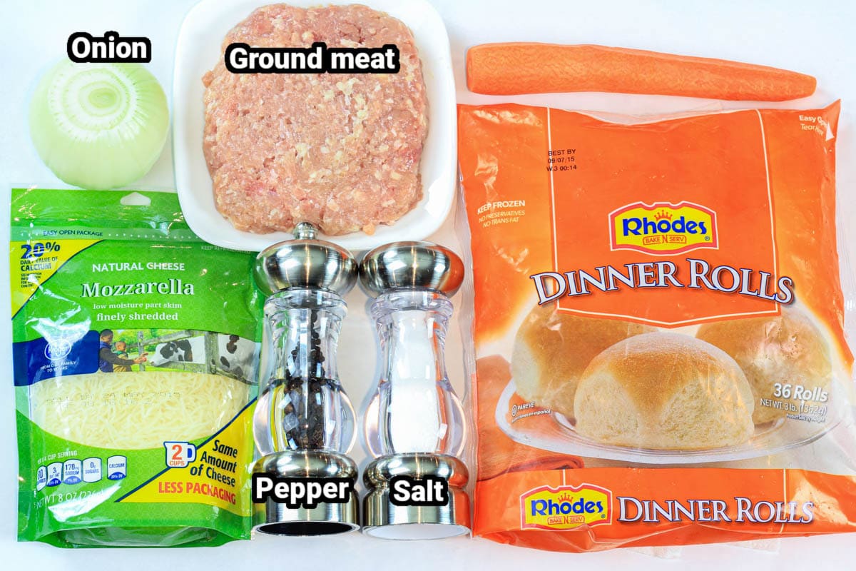 Ingredients for Piroshki: ground meat, carrot, onion, mozzarella cheese, dinner roll dough, salt and pepper.