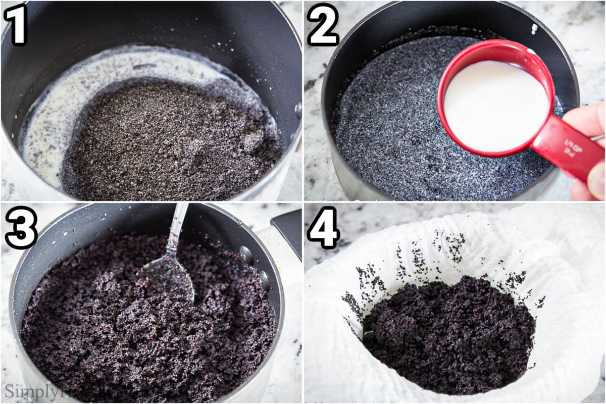 Steps to make Poppy Seed Filling: soak and simmer the poppy seeds in milk in a saucepan, then strain them through a cheesecloth.