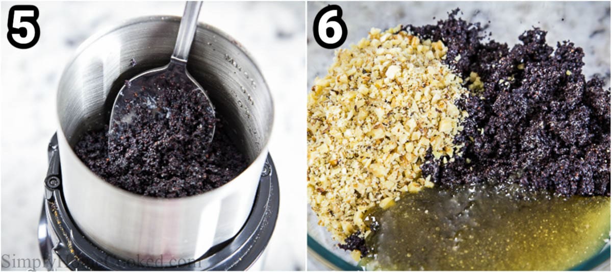 Steps to make Poppy Seed Filling: grind them in a coffee grinder and then mix them with the chopped walnuts and honey.