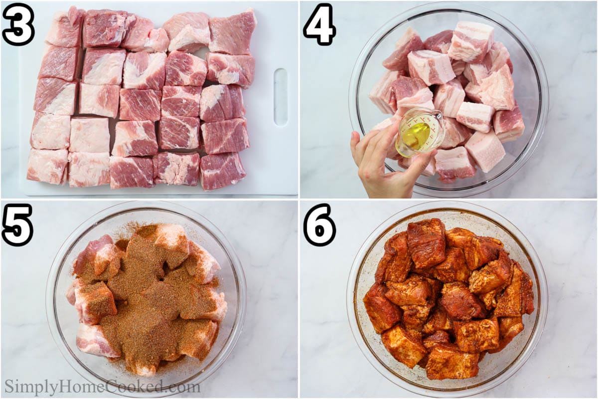 خطوات لجعل نهايات حرق بطن لحم الخنزير: قطع بطن لحم الخنزير إلى مكعبات ، ثم أضف الزيت والتوابل ، واخلطهم جيدًا في وعاء.