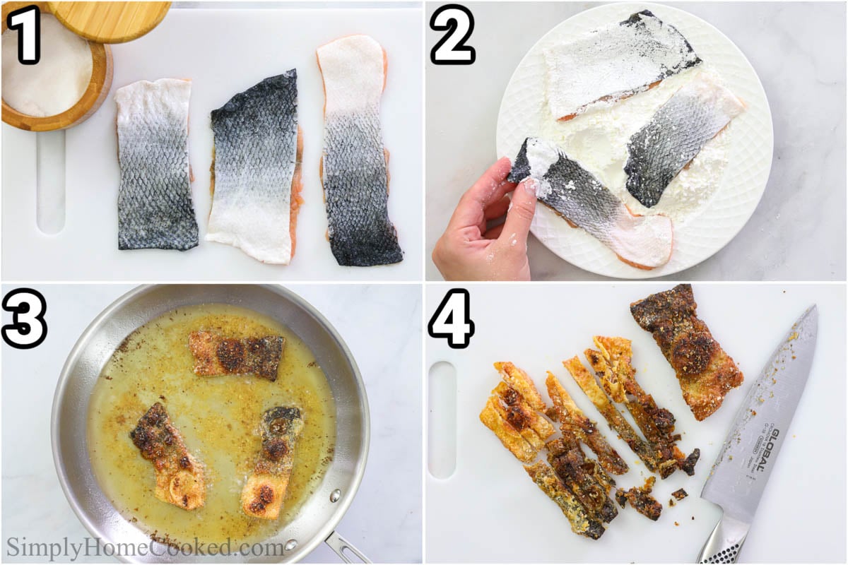 Steps to make Salmon Skin Roll: descaling the salmon skins, adding corn starch, then frying them and cutting them into strips.