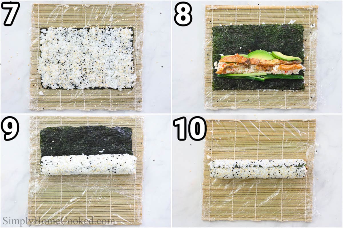 Steps to make Salmon Skin Roll: laying out the sushi rice, then adding the filling and rolling the sushi up on a sushi mat.