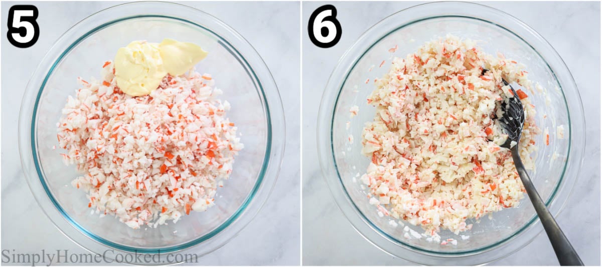 Steps to make Salmon Skin Roll: mixing the shredded imitation crab with Japanese mayo with a fork in a bowl.