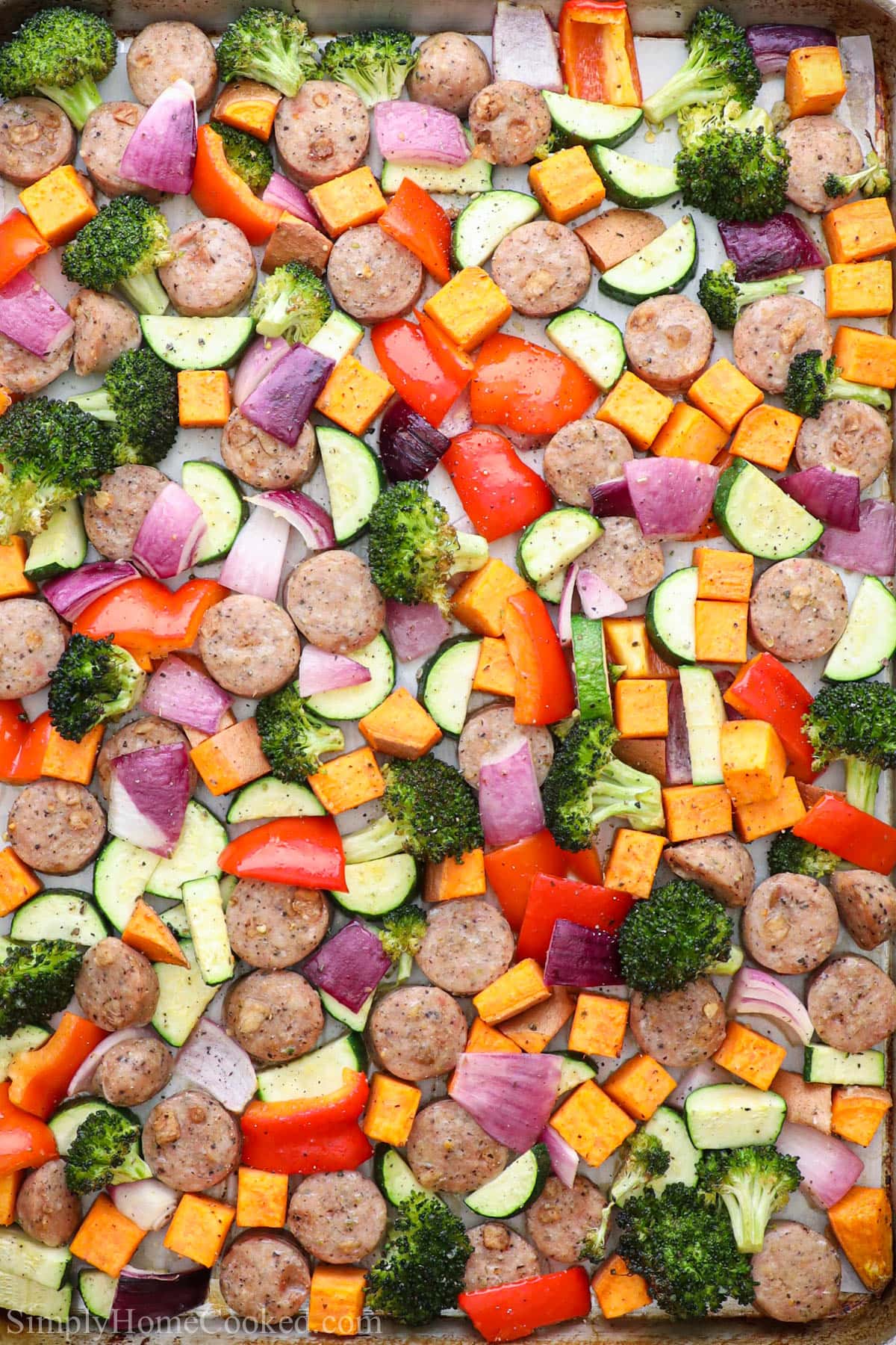 Sheet Pan Sausage and Veggies on a pan. 