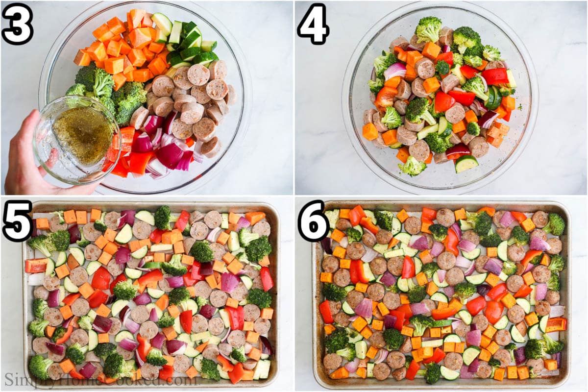 Steps to make Sheet Pan Sausage and Veggies: mix the dressing with the chopped vegetables and sausage, then place it all on a sheet pan and bake.