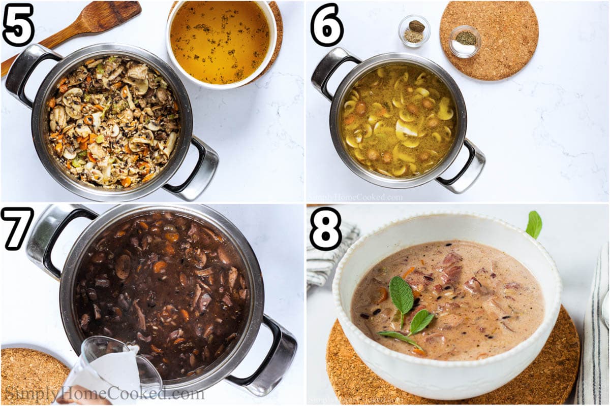 Steps for making wild chicken rice soup: adding the chicken soup and the spices, and then the heavy cream.