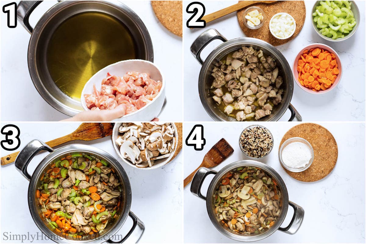 Steps for making chicken wild rice soup: cooking the chicken and sautéing the vegetables in the pot.