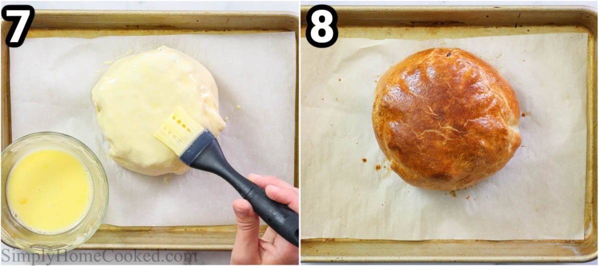 Steps to make Baked Brie in Puff Pastry: add egg wash to the brie en croute with a pastry brush and bake.