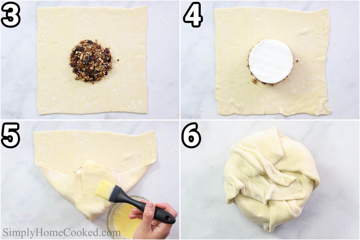 Steps to make Baked Brie in Puff Pastry: add the fruit and nut mixture to the puff pastry sheet then the brie and wrap it up using egg wash brushed on the folds.