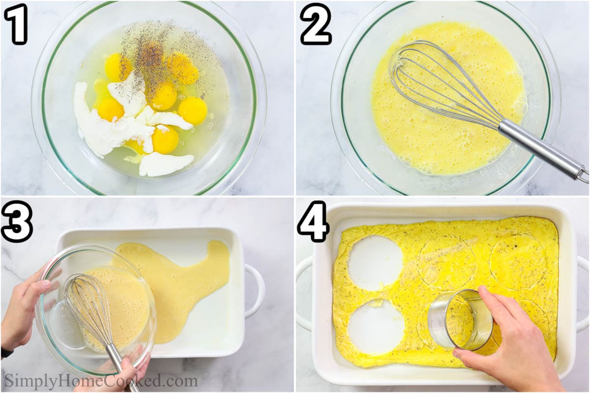 Steps to make Breakfast Sandwich (3 ways): whisk the eggs, half & half, salt, and pepper in a bowl and bake it in a pan with butter, then cut out circles.