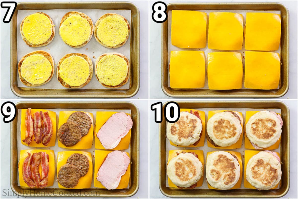 Steps to Make a Breakfast Sandwich (3 ways): Assemble the English muffin, egg, cheese and meat sandwiches on a skillet.
