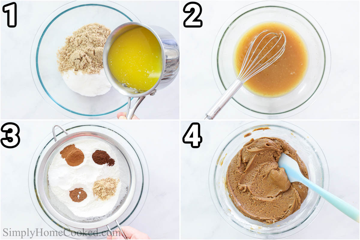Steps to make Gingersnap Cookies: mixing the wet ingredients, then whisking them and sifting in the dry ingredients, mixing again with a spatula.
