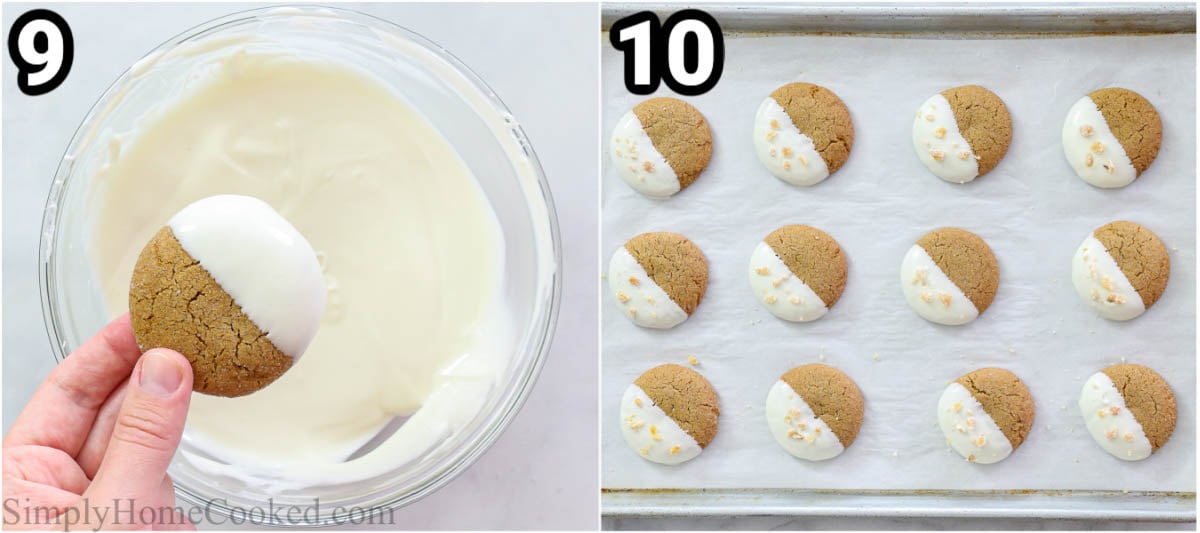 Steps to make Gingersnap Cookies: melting white chocolate, dipping the cookies into it and then covering the with candied ginger.