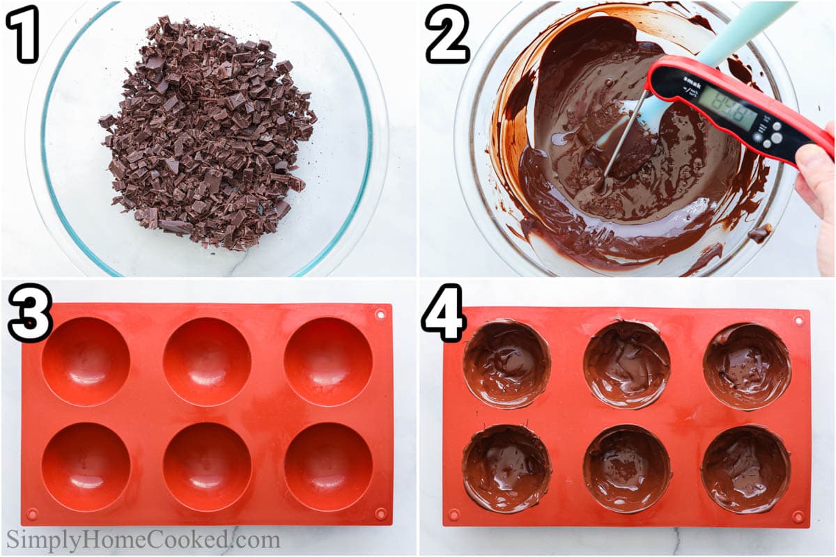 Steps to make Hot Chocolate Bombs: mold the melted chocolate into spheres.