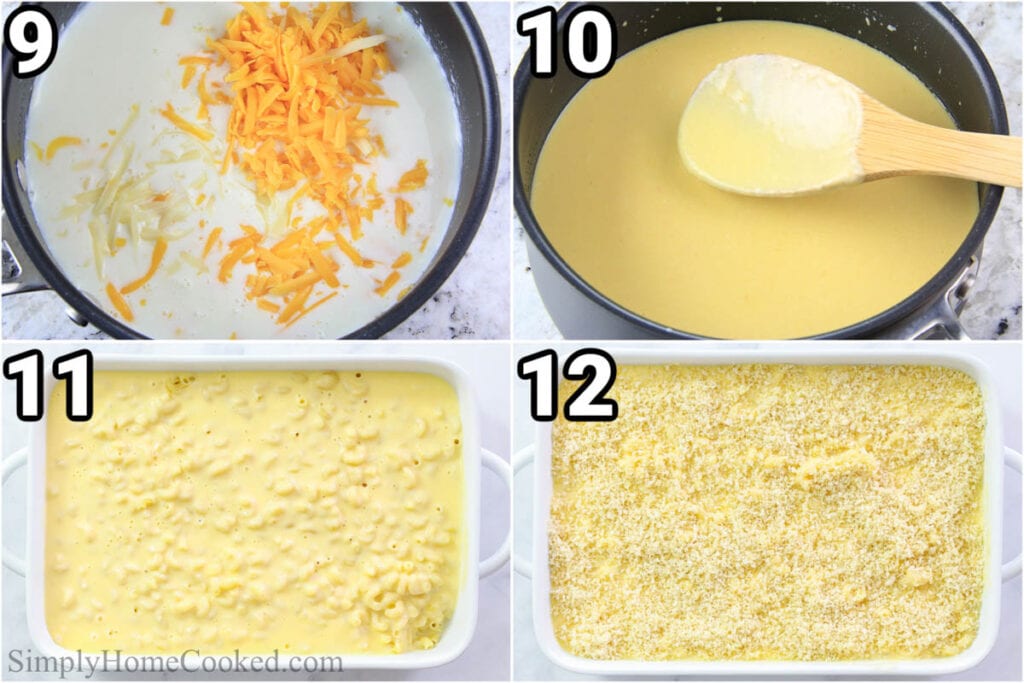 Steps to make Mac and Cheese: Add the cheese to the sauce and stir, then bake it with the macaroni and breadcrumbs. 