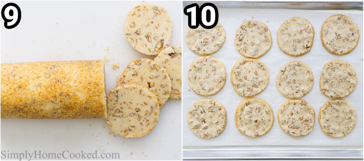 Steps to make Pecan Shortbread Cookies: slice the cookies from the log and bake them.