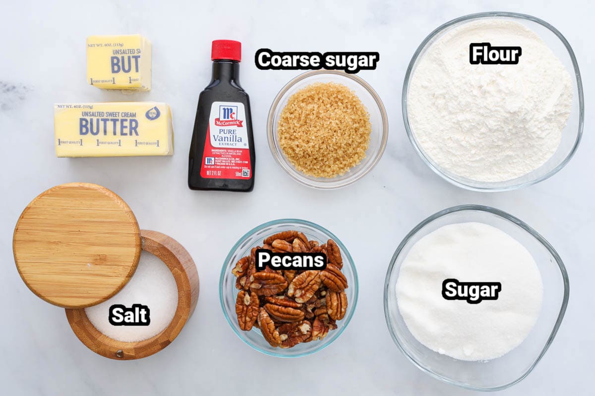Ingredients for Pecan Shortbread Cookies: butter, flour, sugar, penca, vanilla extract, and salt.