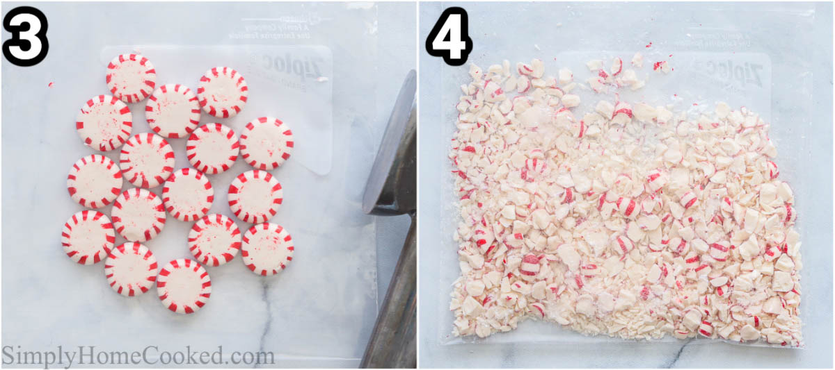 Steps to make Peppermint Bark: crush the peppermint candies in a bag.