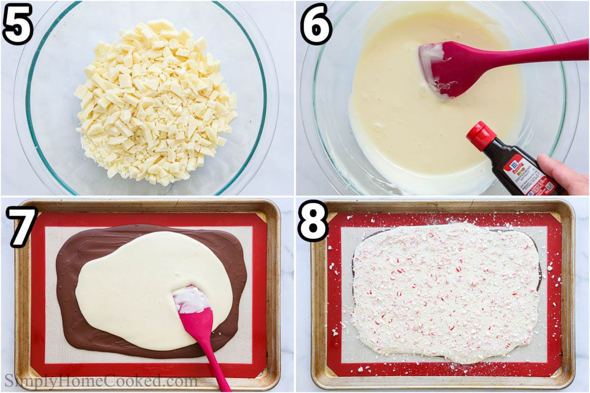 Steps to make Peppermint Bark: melt the white chocolate and mix in the peppermint extract, then set it on the other chocolate a baking sheet with a silicone mat. Finally, add the crushed peppermint candies on top.