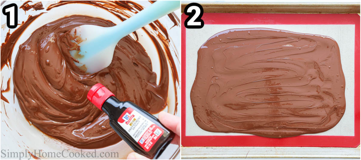 Steps to make Peppermint Bark: melt the semisweet chocolate and mix in the peppermint extract, then set it on a baking sheet with a silicone mat.