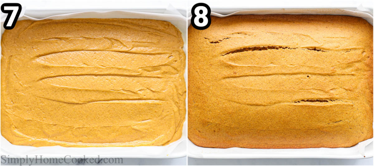 Steps to make Pumpkin Cake: baking the batter into a cake.