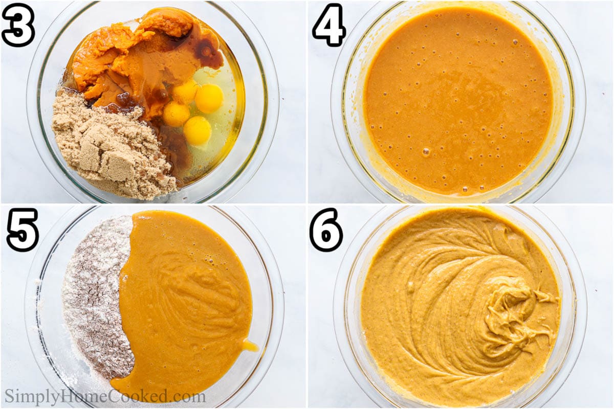 Steps to make Pumpkin Cake:miing the wet ingredients, then adding the dry and mixing together in a cake batter.