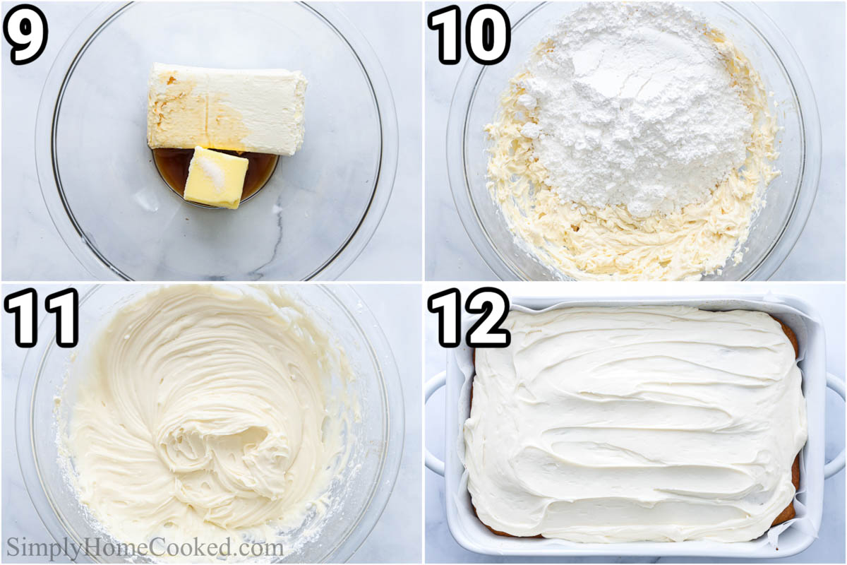 Steps to make Pumpkin Cake: mixing the frosting ingredients together, then spreading the frosting on the cake.
